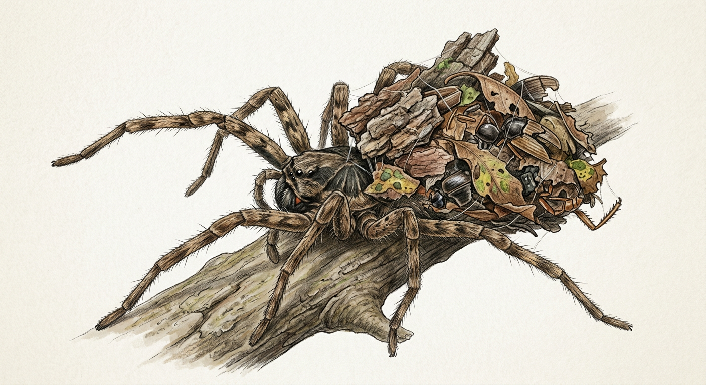 Field-guide reconstruction plate of a hide-wearing, web-building spider-like creature: anatomy, the worn prey hide, web mechanics, and life history.