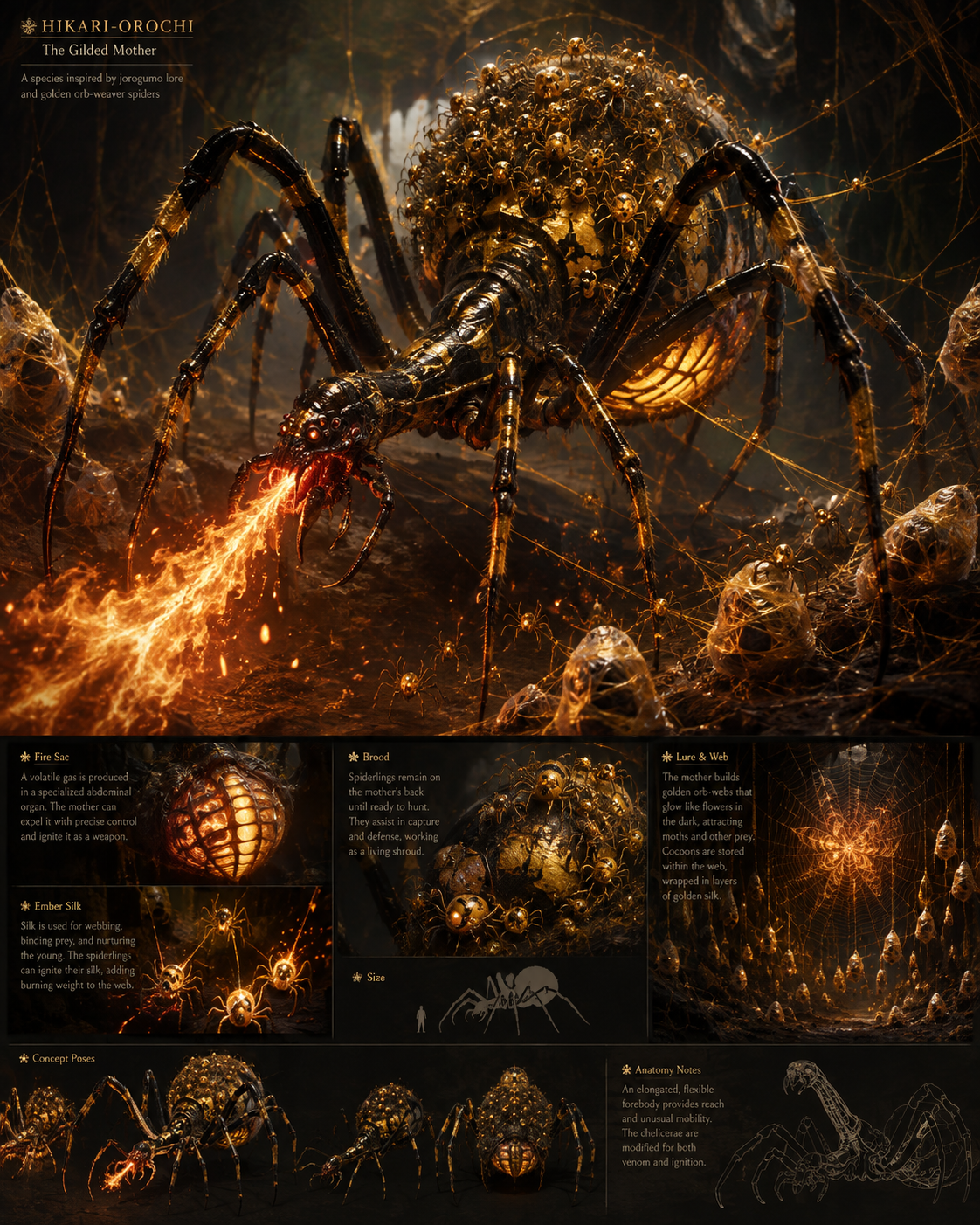 Concept sheet of a large golden orb-weaving spider: the brood carried on its abdomen, the abdominal fire organ, ember silk, the prey-luring golden web, size comparison, and anatomy notes.