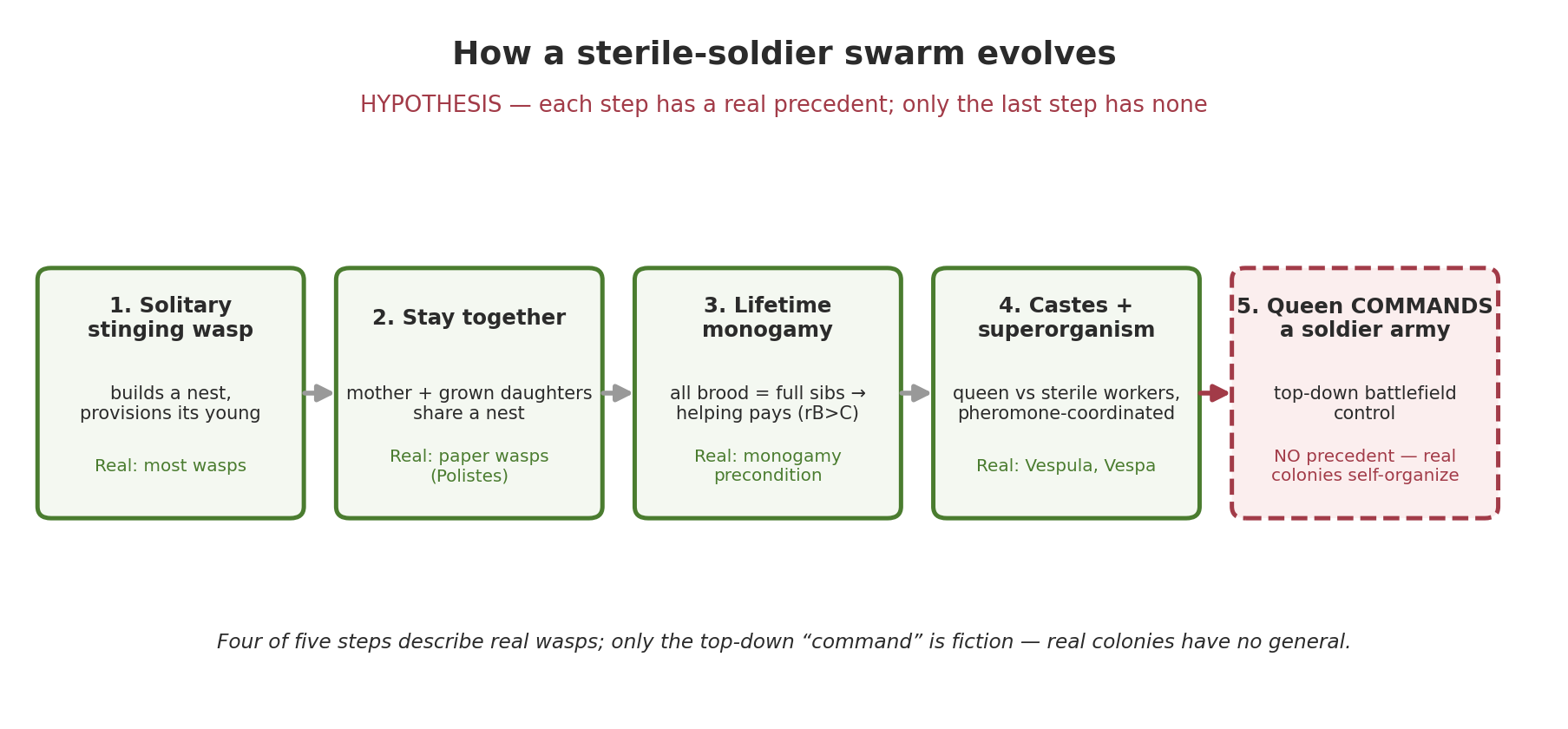 Five-step scenario from a solitary stinging wasp to a queen-led soldier swarm, each step tagged with its real precedent and the final 'queen commands the army' step flagged as the break from biology.