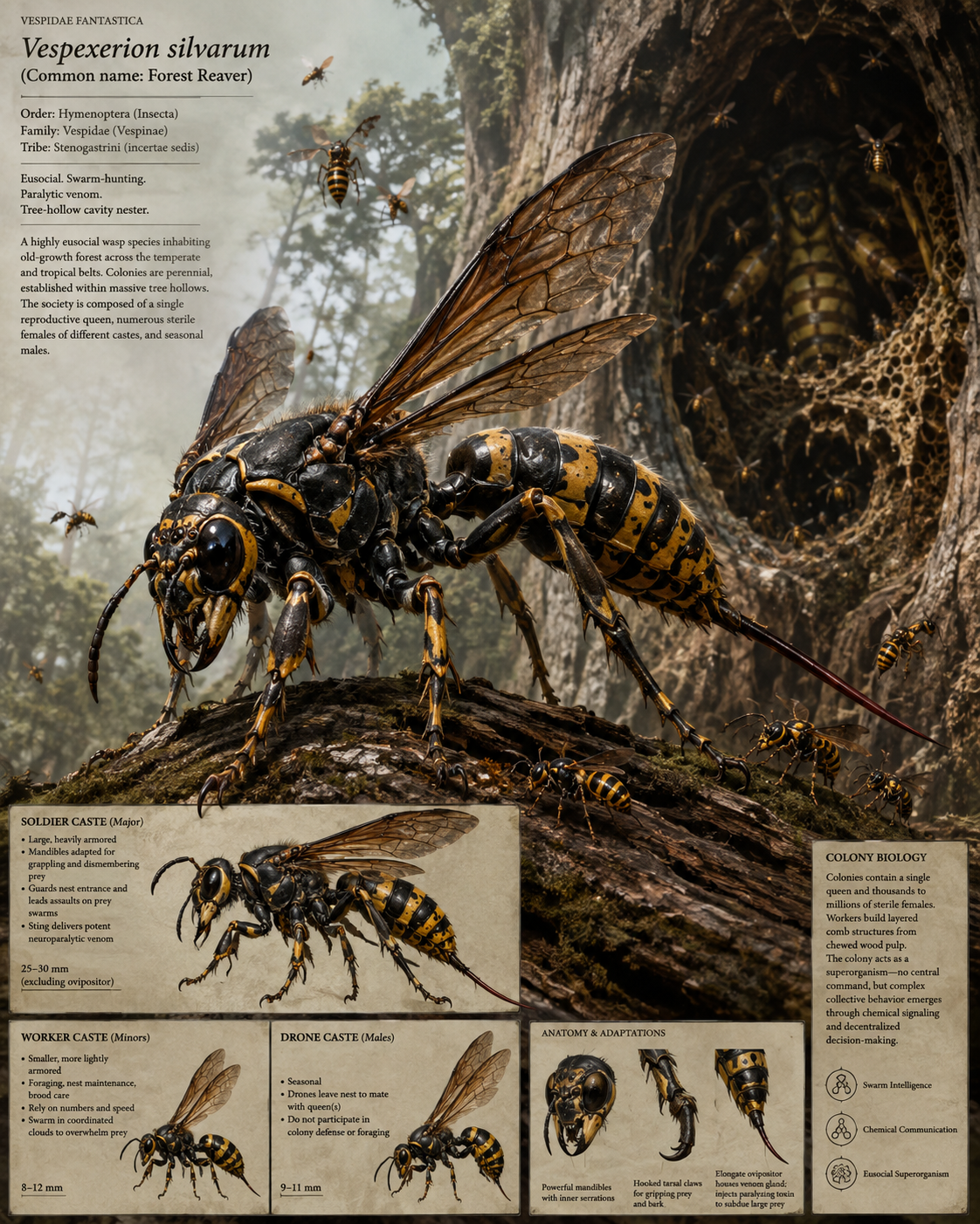 A field-guide plate of an oversized eusocial wasp perched on a mossy log beside a tree-hollow nest, with nestmates in flight — AI-generated concept illustration.