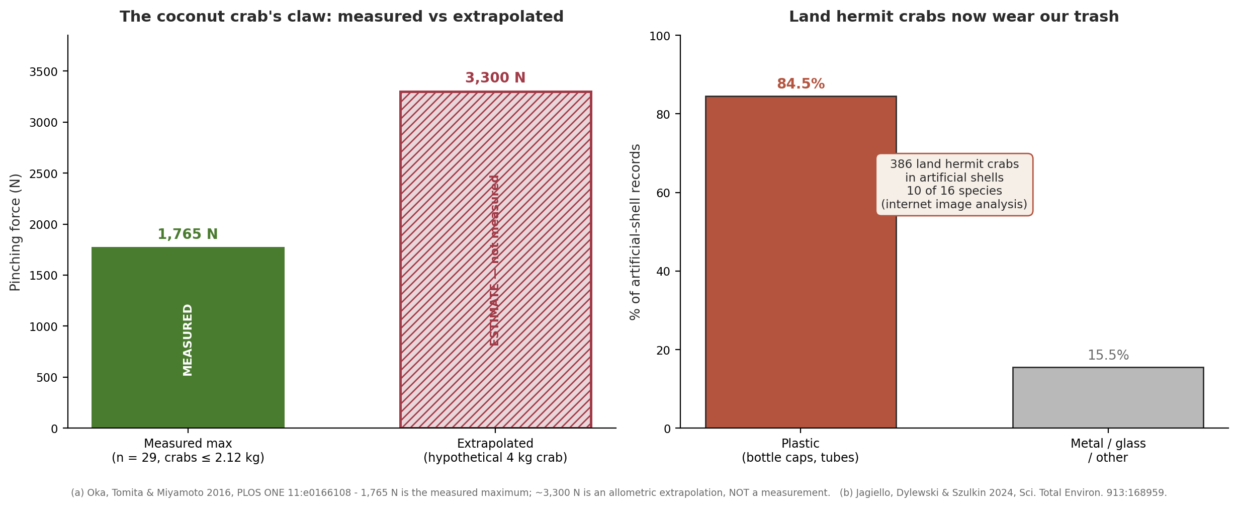 Two panels: coconut-crab pinching force, 1,765 N measured vs ~3,300 N extrapolated; and artificial-shell composition, ~85% plastic across 10 of 16 land species.