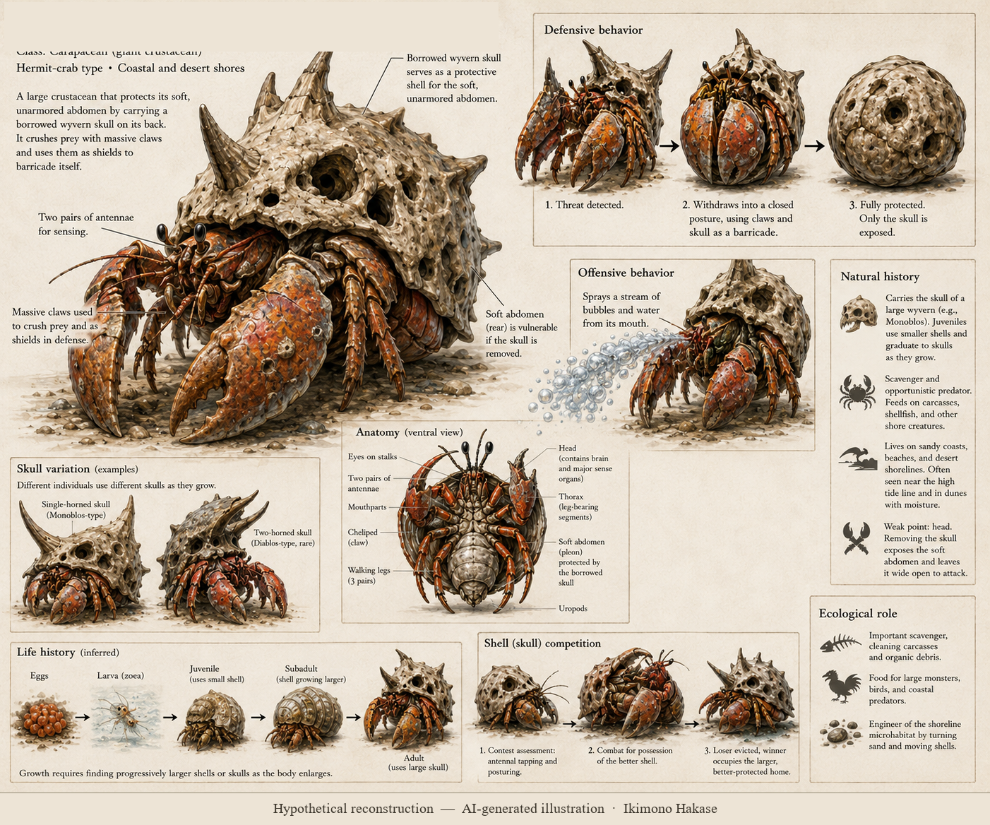 Field-guide reconstruction plate of a hermit-crab-type creature: anatomy, defensive behavior, skull variation, and life history.