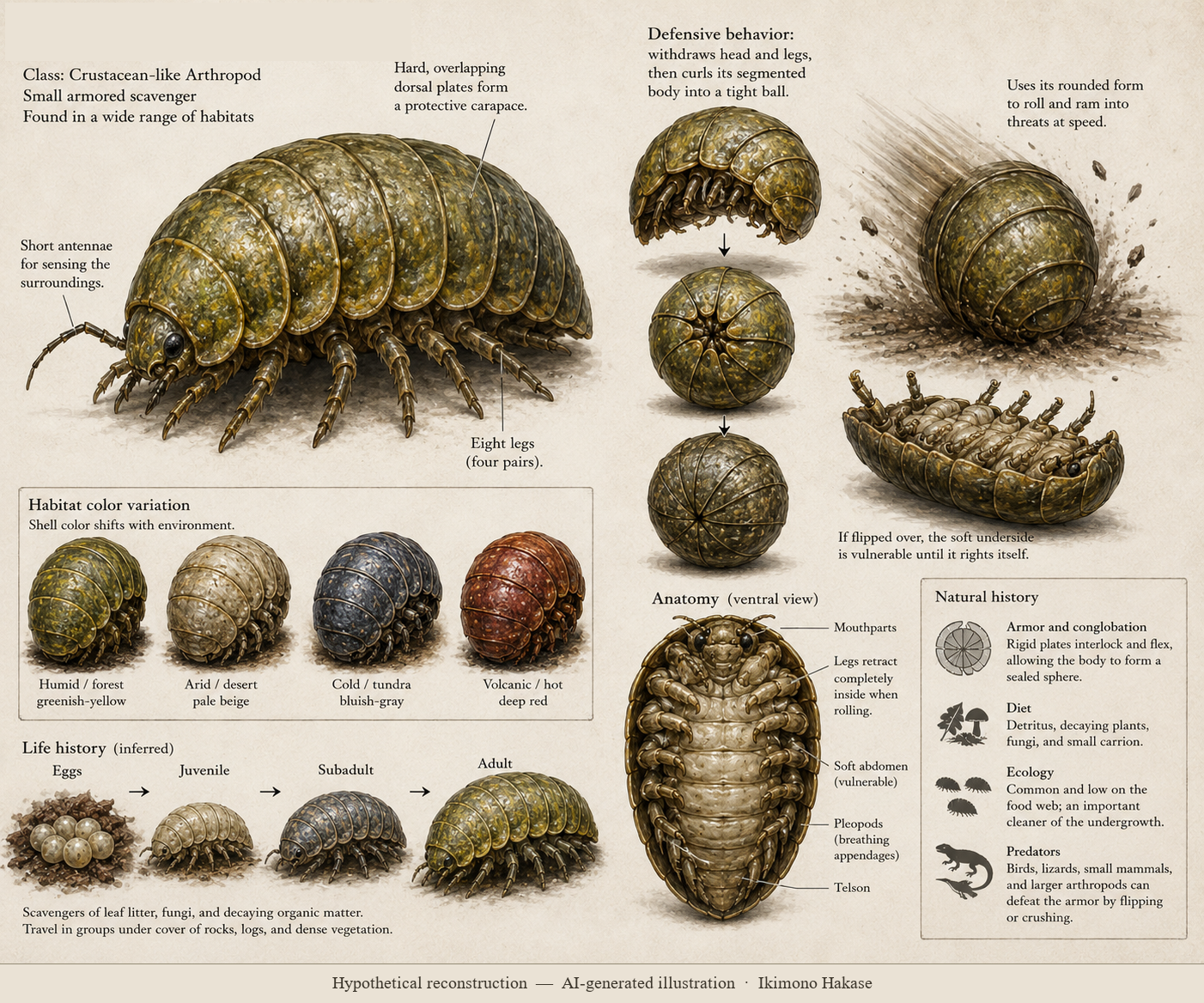 Field-guide reconstruction plate of a heavily armored, soft-bellied ground arthropod shown both rolled into a sealed sphere and partly unrolled on forest leaf litter, with no glow and no game styling.