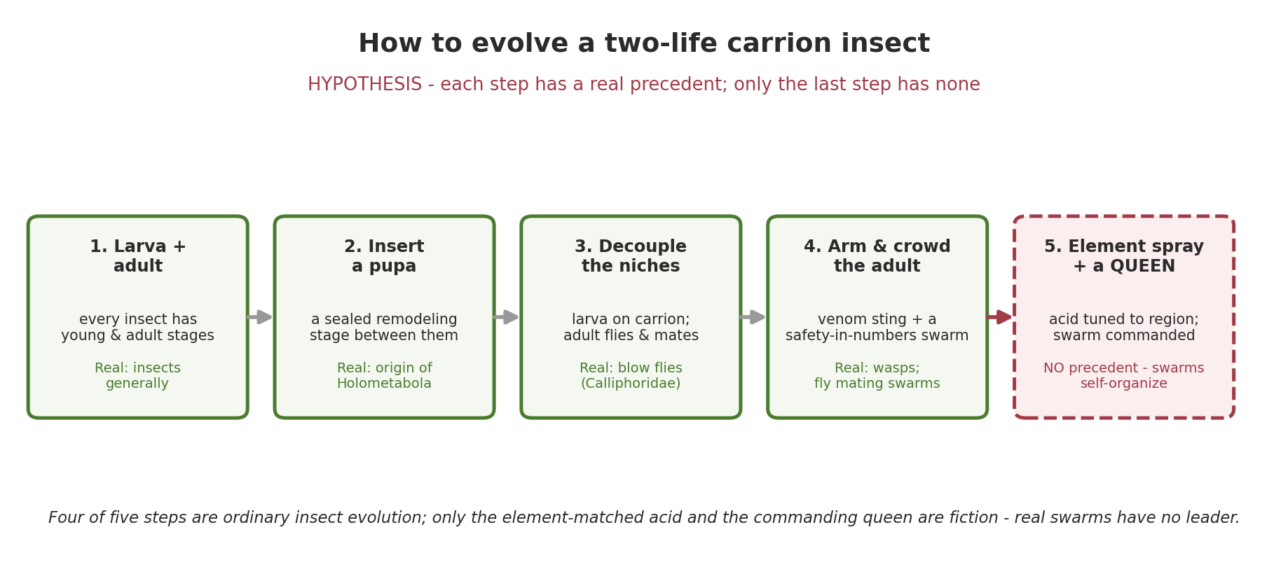 Five-step evolutionary scenario from a winged insect with a larva and adult, through inserting a pupa, decoupling the niches, and arming and crowding the adult, with the final element-matched corrosive spray and commanding queen step flagged as the break from biology.