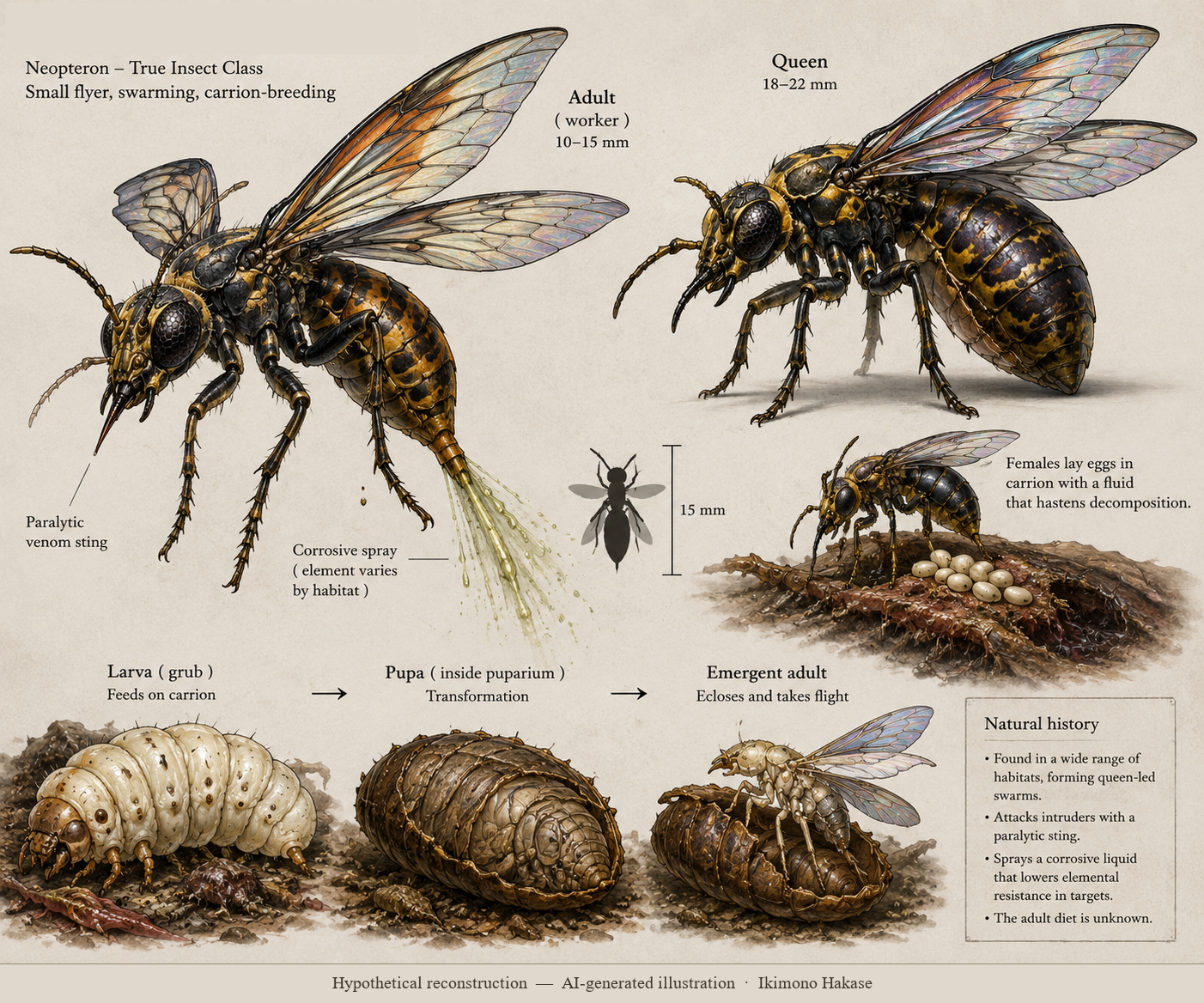 Field-guide life-cycle plate of a winged carrion-breeding insect: a flying adult shown together with its pale larvae on decaying matter, naturalistic, no glow and no game styling.
