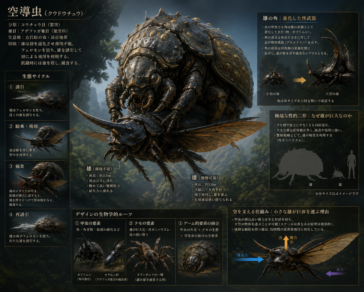 Illustrated field-guide plate of an original giant flightless beetle-type creature: its lure-and-cannibalism life cycle, the male's horn as a sexual weapon, and extreme female-biased size — AI-generated concept, annotated in Japanese.