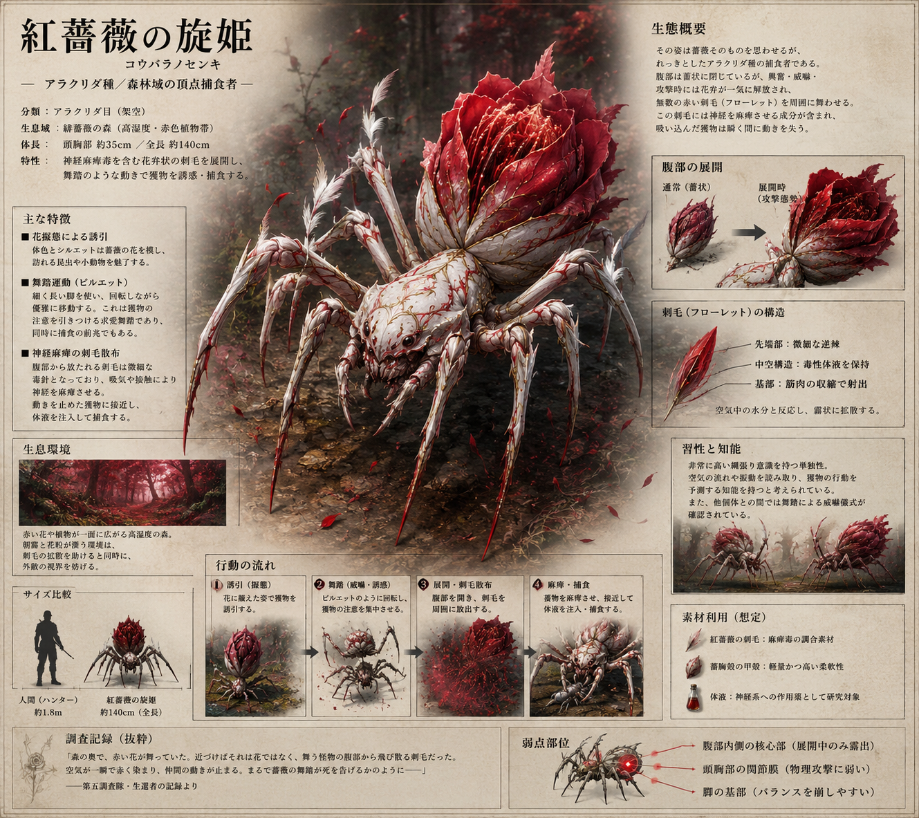 Illustrated field-guide plate of an original rose-mimicking spider: its flower-shaped abdomen that unfurls, the structure of its paralytic bristles, and its forest habitat — AI-generated concept, annotated in Japanese.