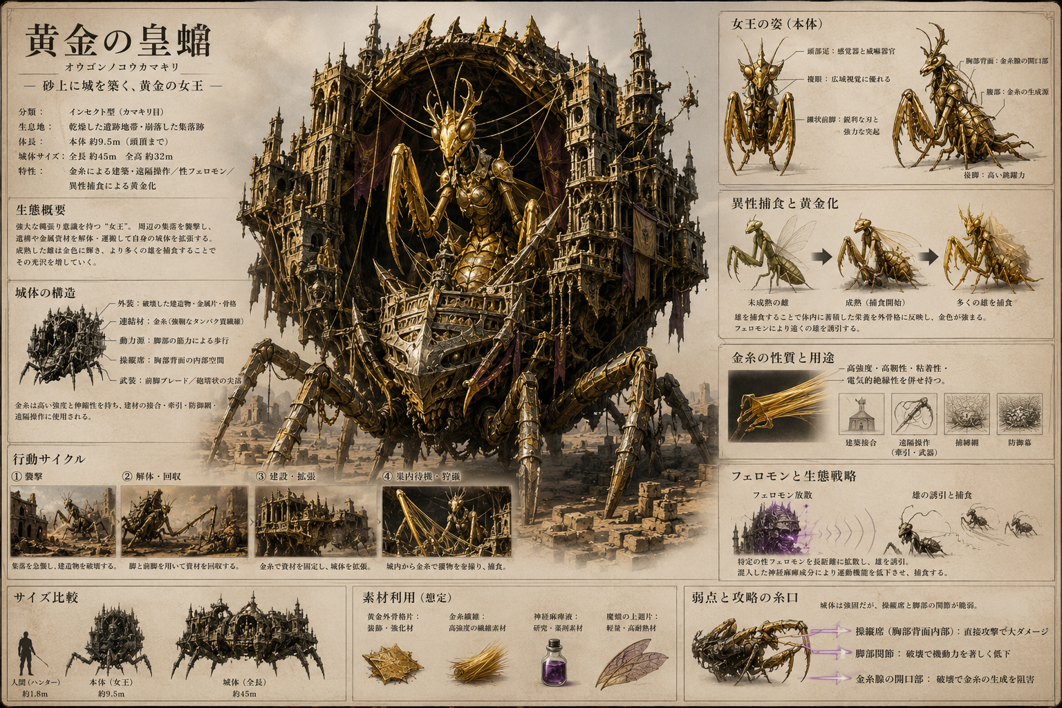 Illustrated field-guide plate of an original golden mantis-like creature: its fortress-building behavior cycle, the gold as structural color, sexual cannibalism, and silk that no real mantis makes — AI-generated concept, annotated in Japanese.