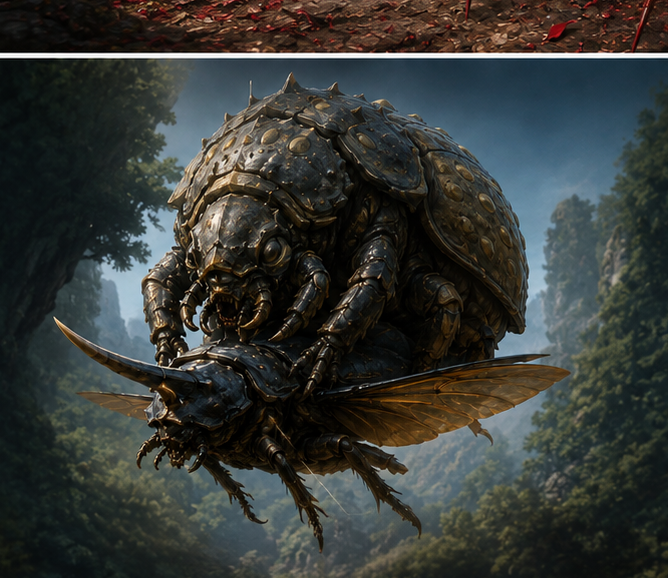 A giant armored flightless beetle-type creature looming in a forest — AI-generated concept illustration.