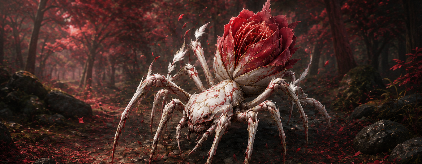 A pale, long-legged spider with a blooming red rose-shaped abdomen on a forest floor — AI-generated concept illustration.