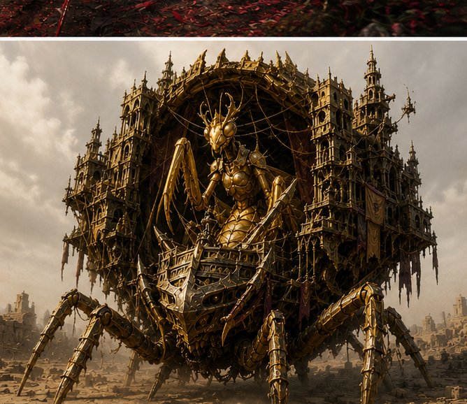 A golden mantis-like creature enthroned inside a vast cathedral-like fortress of scavenged metal — AI-generated concept illustration.