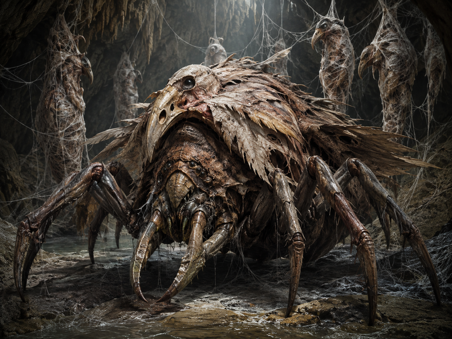 A spider-like creature draped in the flayed hide of a bird-like prey animal, standing in a silk-strewn cave with silk-wrapped carcasses hanging behind it — AI-generated concept illustration.