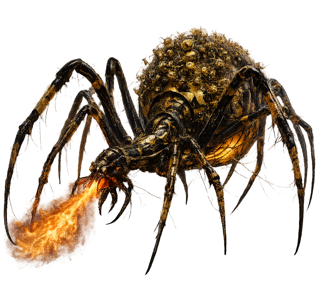 A large golden-and-black spider carrying a dense mass of spiderlings on its abdomen, expelling a jet of flame — AI-generated concept illustration.
