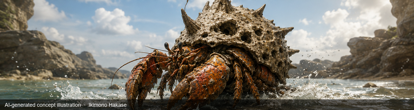 A large coastal hermit-crab-like creature with a spiked, porous shell wading through shallows — AI-generated concept illustration.