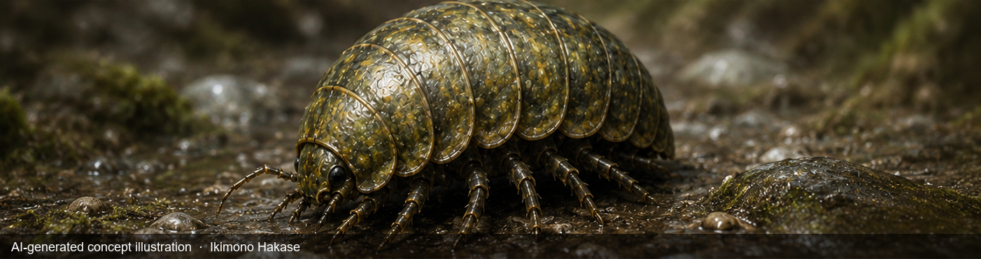 A common pill bug rolled into a tight sealed ball, hard plates outside and legs enclosed — AI-generated concept illustration.