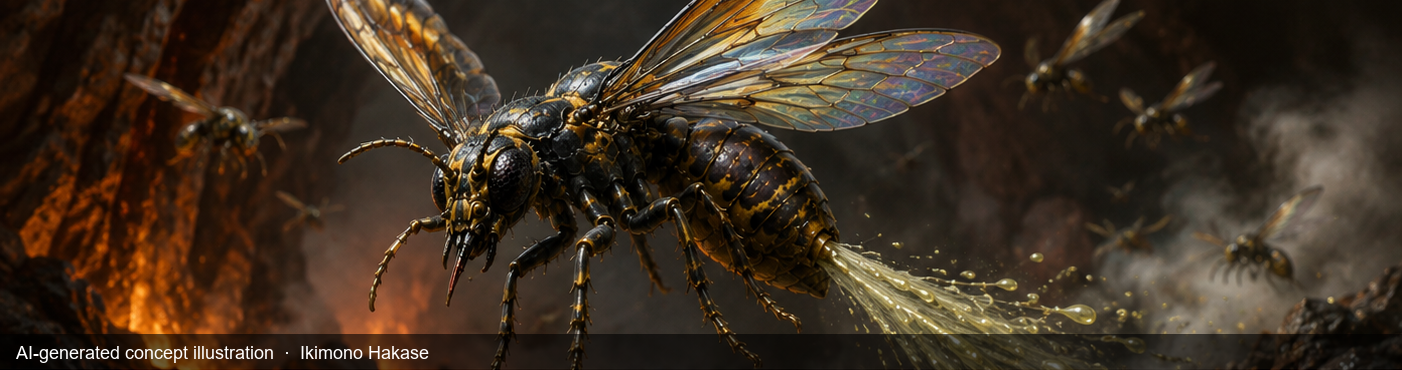 A small flying wasp-like insect with translucent wings hovering over decaying ground — AI-generated concept illustration.